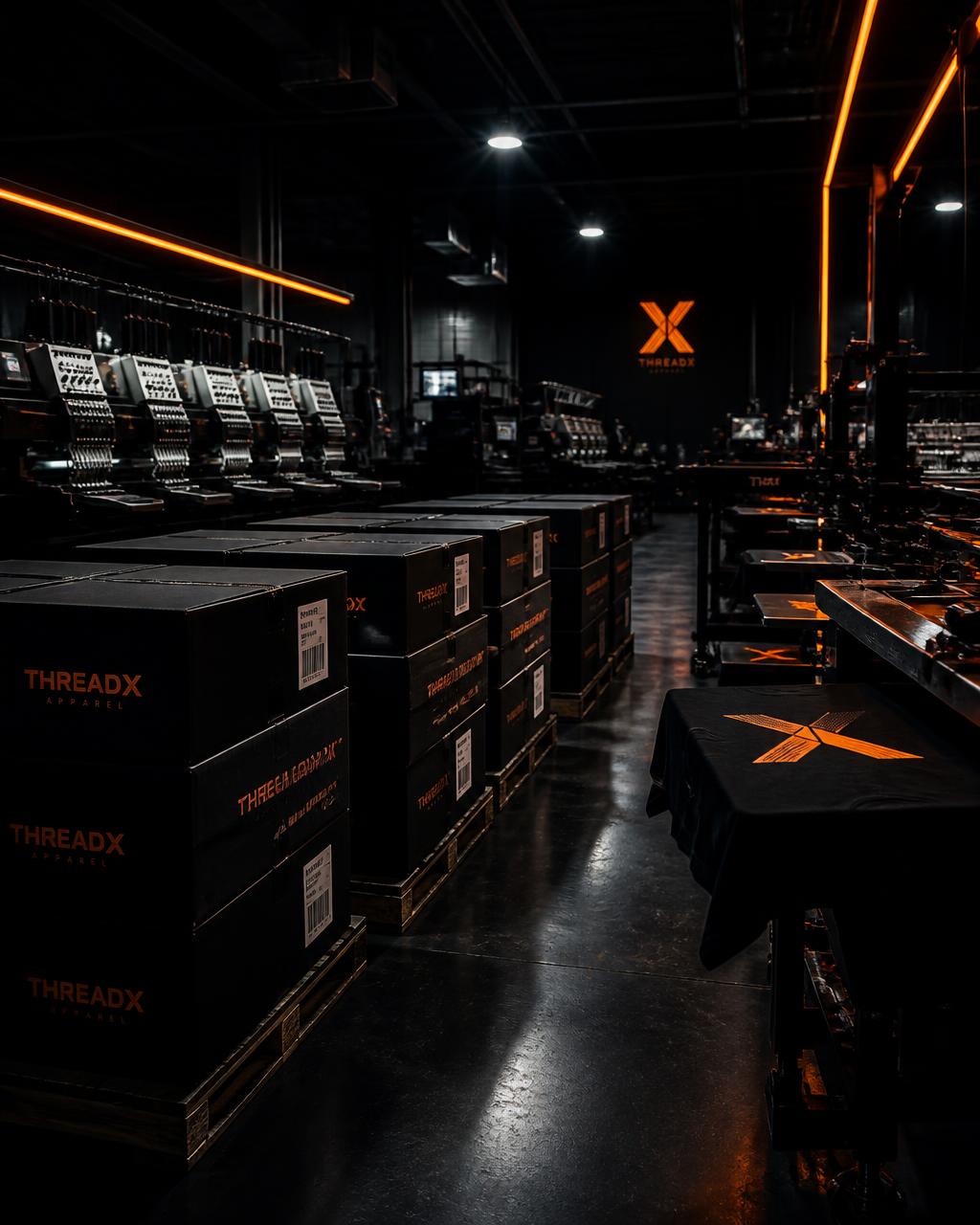 Dark apparel production floor with barcode-labeled garment cartons and embroidery machines